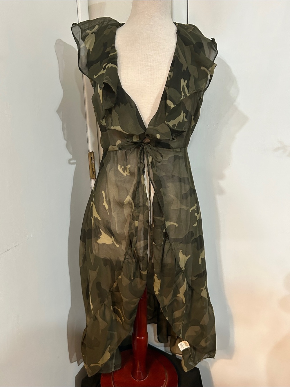 Sheer Camouflage Tie-Waist Dress - Olive Green